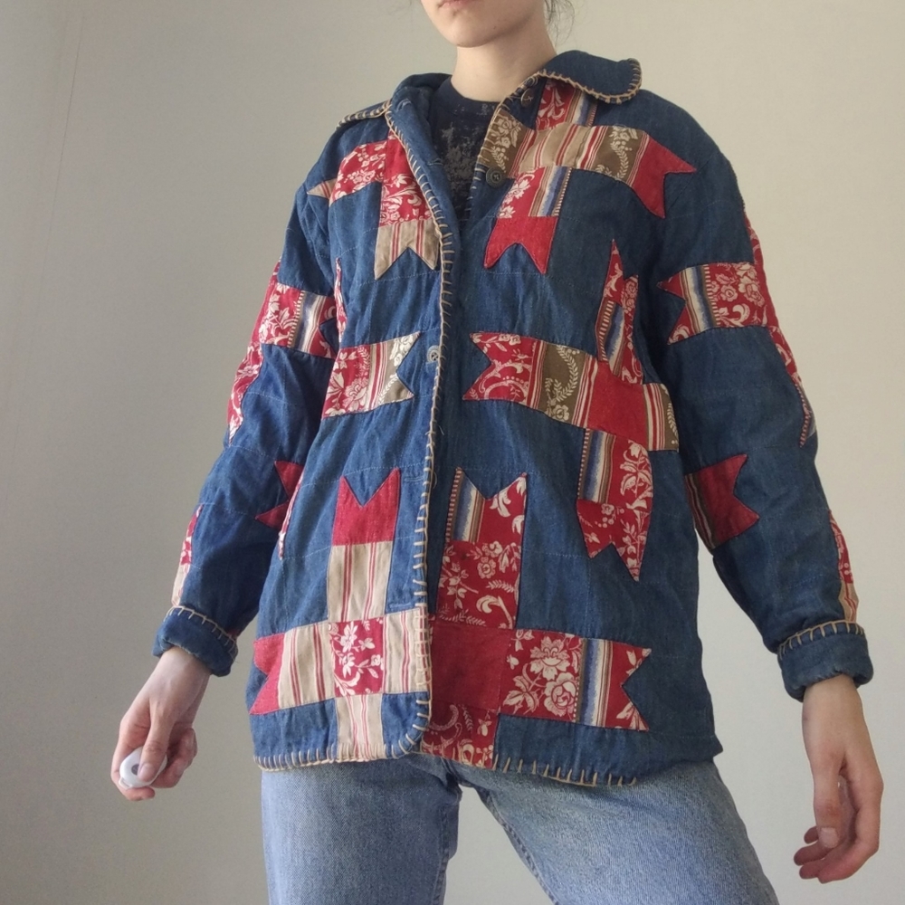 Vintage 90's Denim Patchwork Quilt Barn Jacket